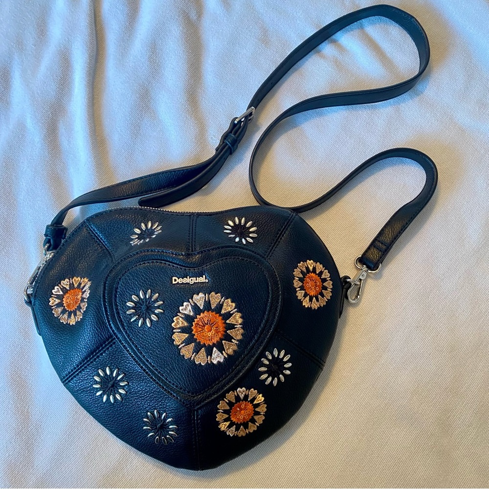 Desigual heart shaped crossbody bag with flower embroidery
